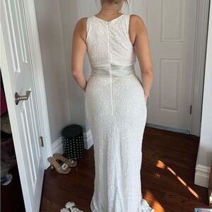 Mac Duggal Sequined Sleeveless V Neck Column Gown